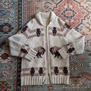 Handmade Vintage Tan Buffalo Motif Wool Zip-Up Cardigan